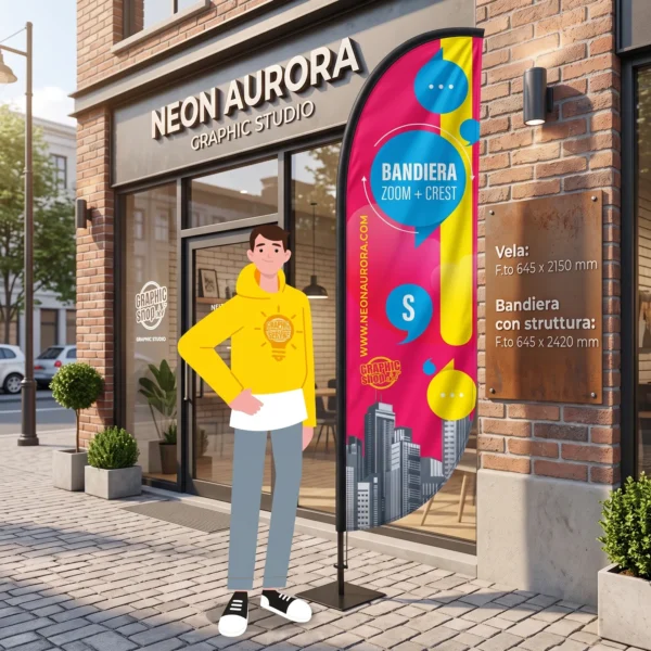 Bandiera Zoom+ Crest personalizzata, esposta davanti a un negozio