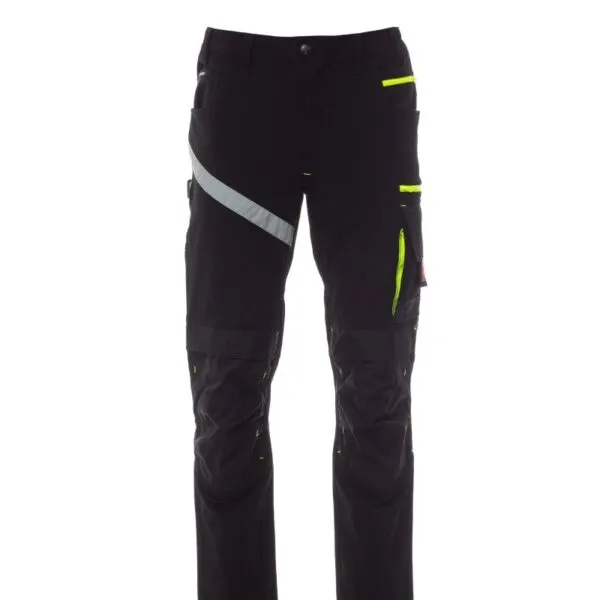 Pantaloni da lavoro estivi elasticizzati Next 4W Summer, colore nero con dettagli giallo fluo