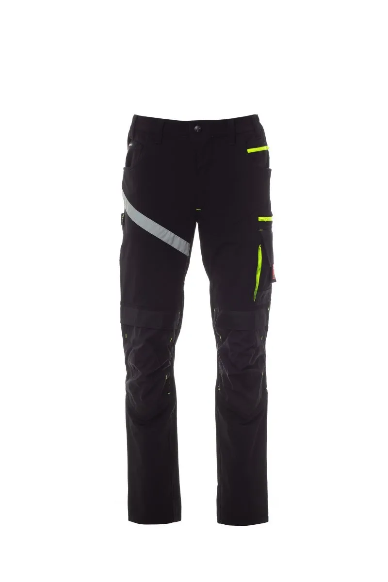 Pantaloni da lavoro estivi elasticizzati Next 4W Summer, colore nero con dettagli giallo fluo