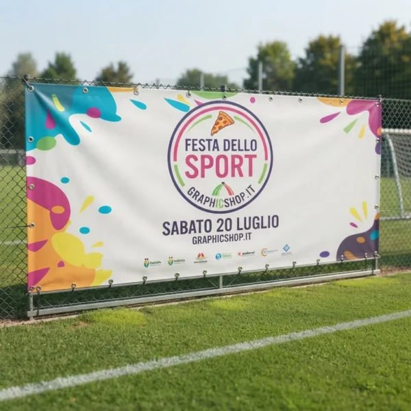 Striscione in PVC personalizzato con occhielli, fissato alla recinzione di un campo sportivo